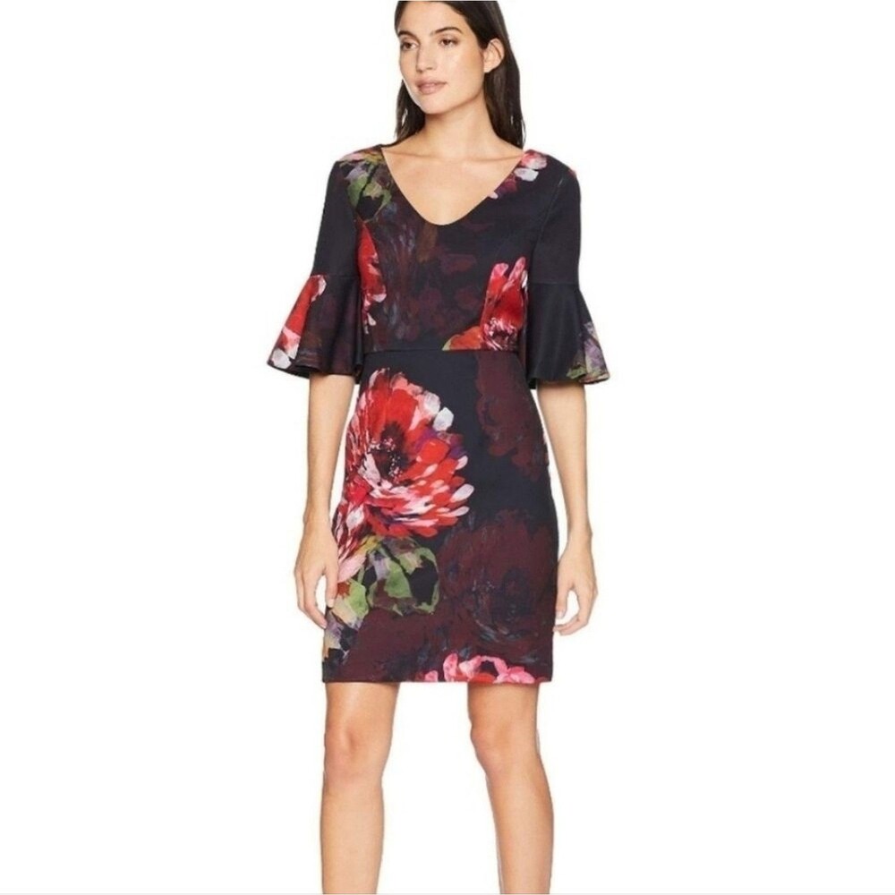 NEW Trina Turk Women’s Sheath Dress Size 2 Red Floral Bell Sleeve Stretch